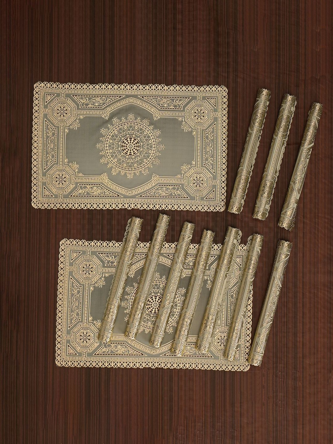 Aura 12Pcs Beige Woven-Designed Leather Anti-Slip Rectangular Table Placemats