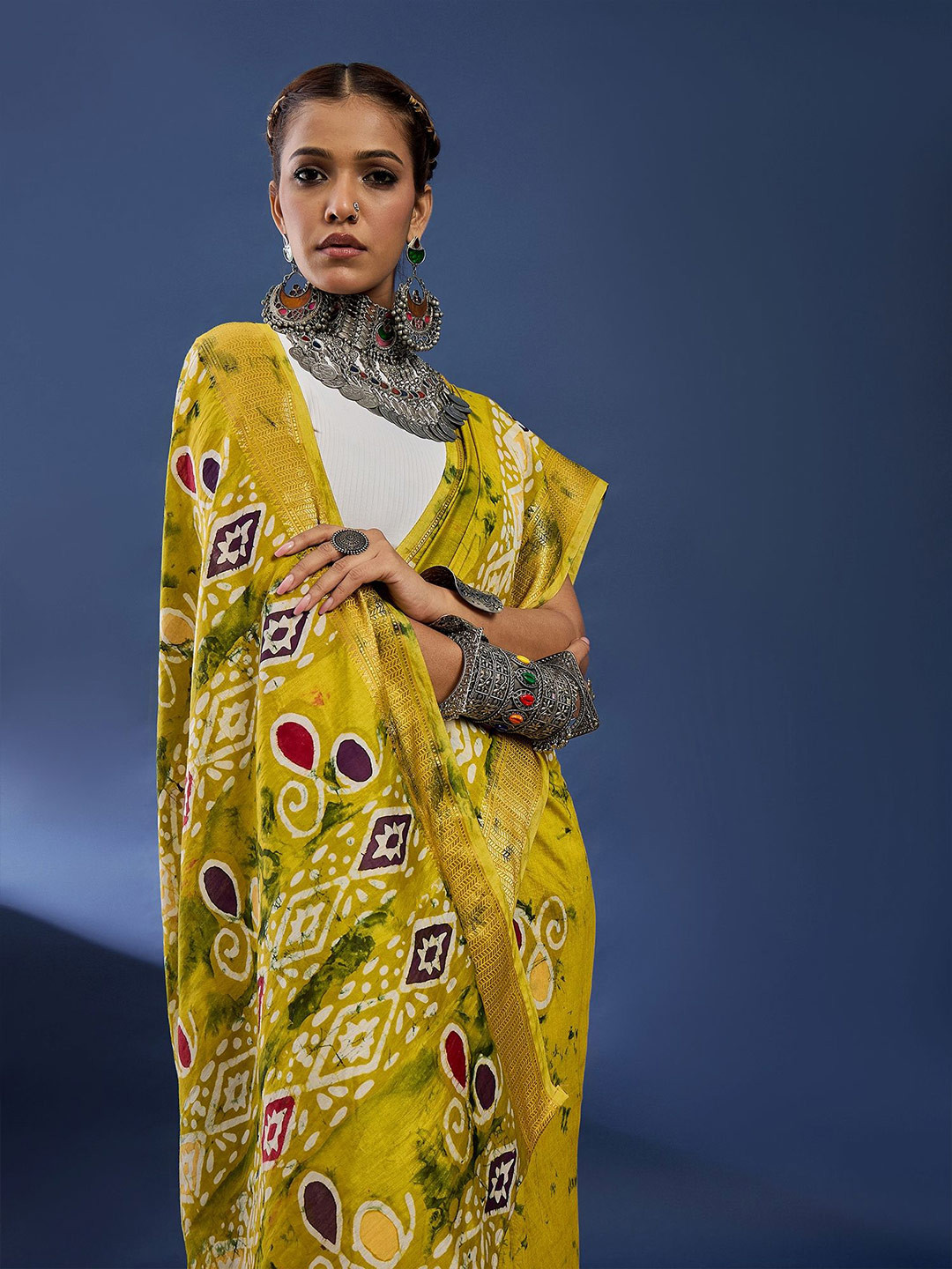 Taavi Printed Pure Cotton Batik Saree with Unstitched Blouse