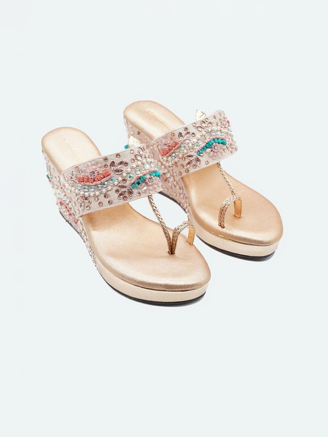Kneetoes Women Fusion Beaded Glam Rose-Gold Wedge Heels