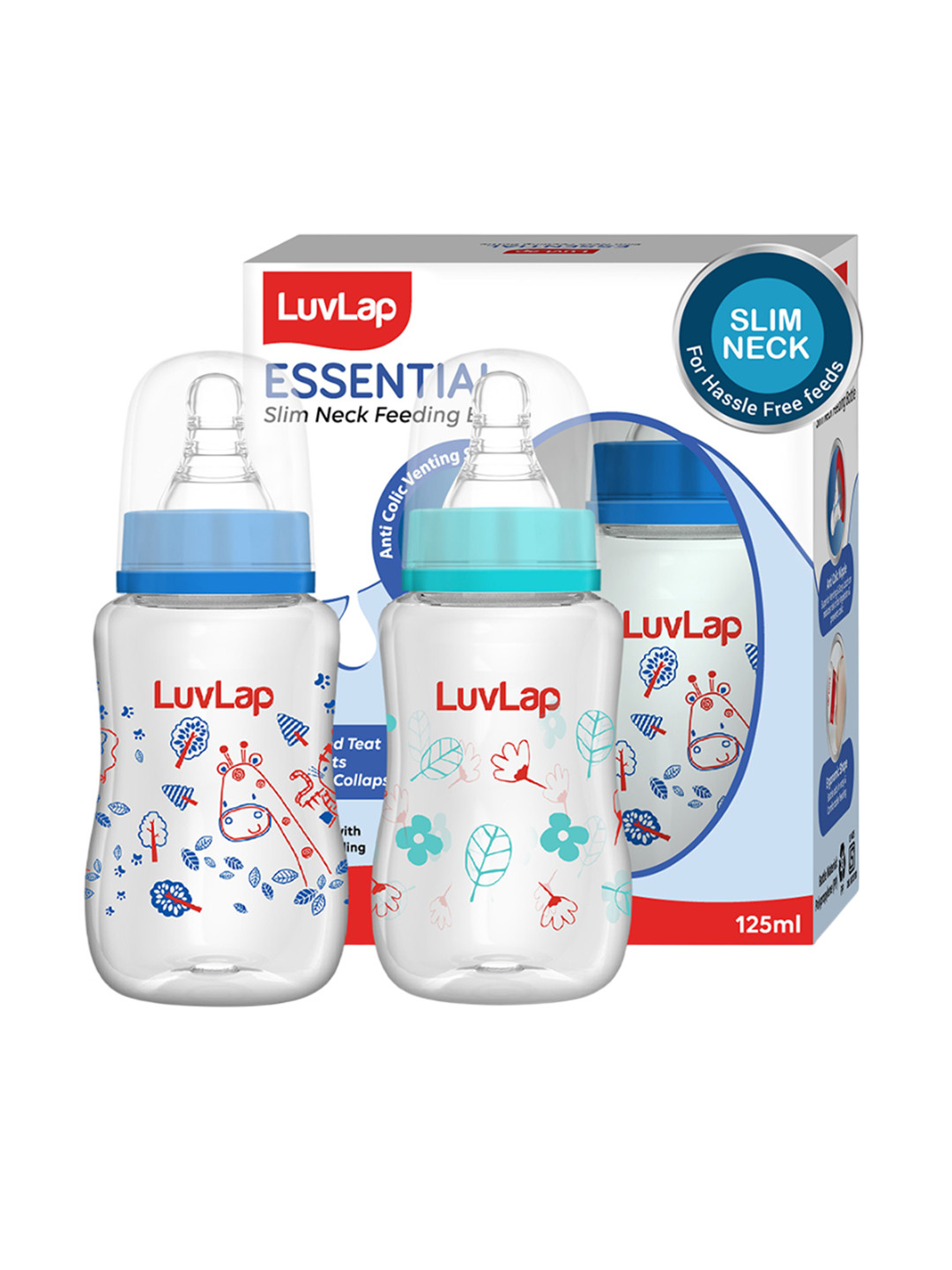 LuvLap Kids Pack of 2 Printed Slim Neck Feeding Bottle125ml