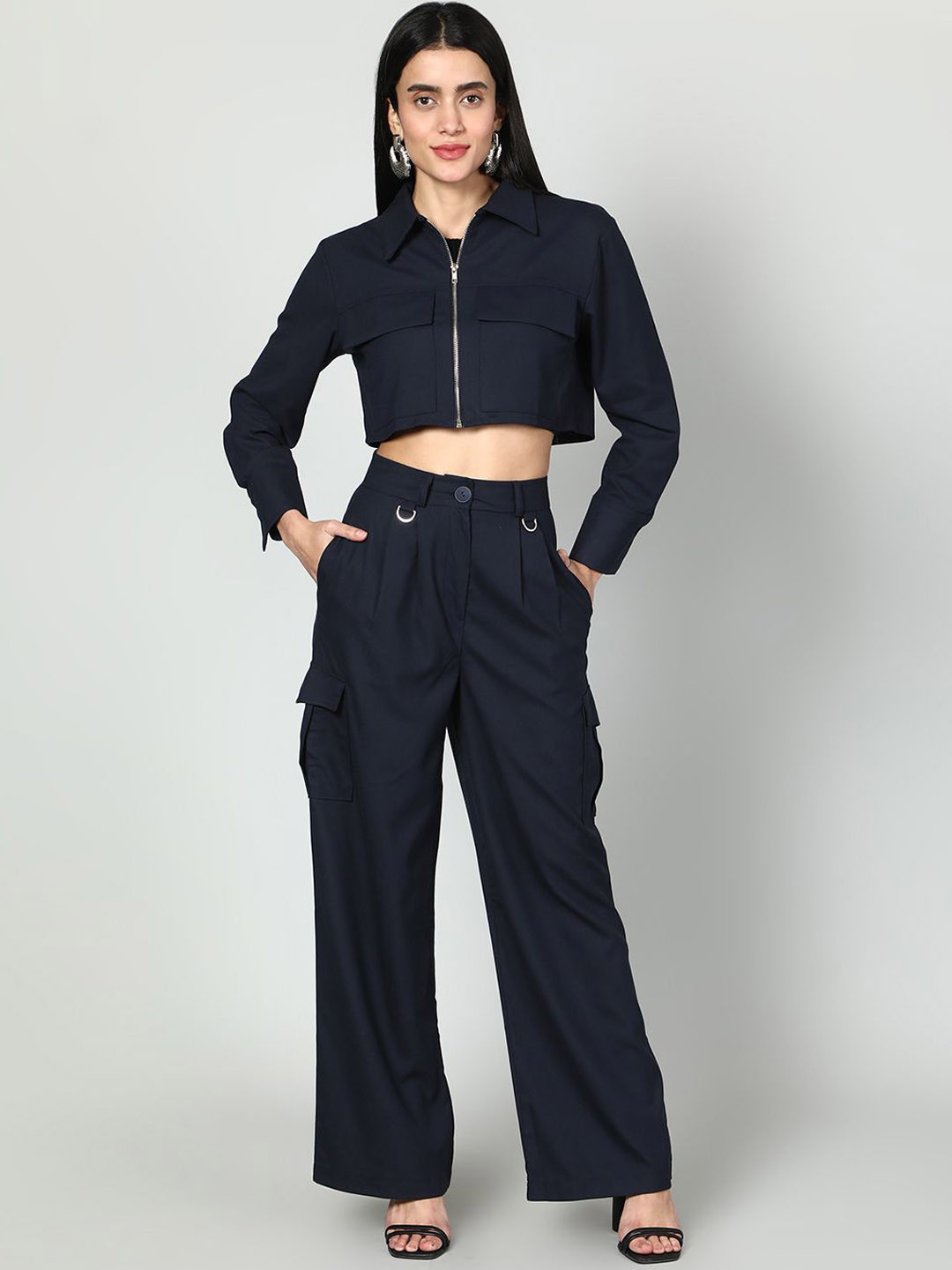 Fashion Gaiia Cropped Zipper Jacket & Cargo Trousers Co-Ord Set