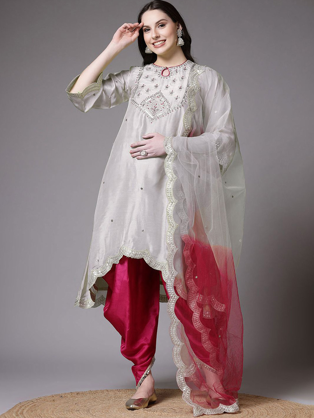 Utsav Fashion Ethnic Motifs Embroidered Punjabi Suit Fusion Kurta With Dhoti Pants & Dupatta