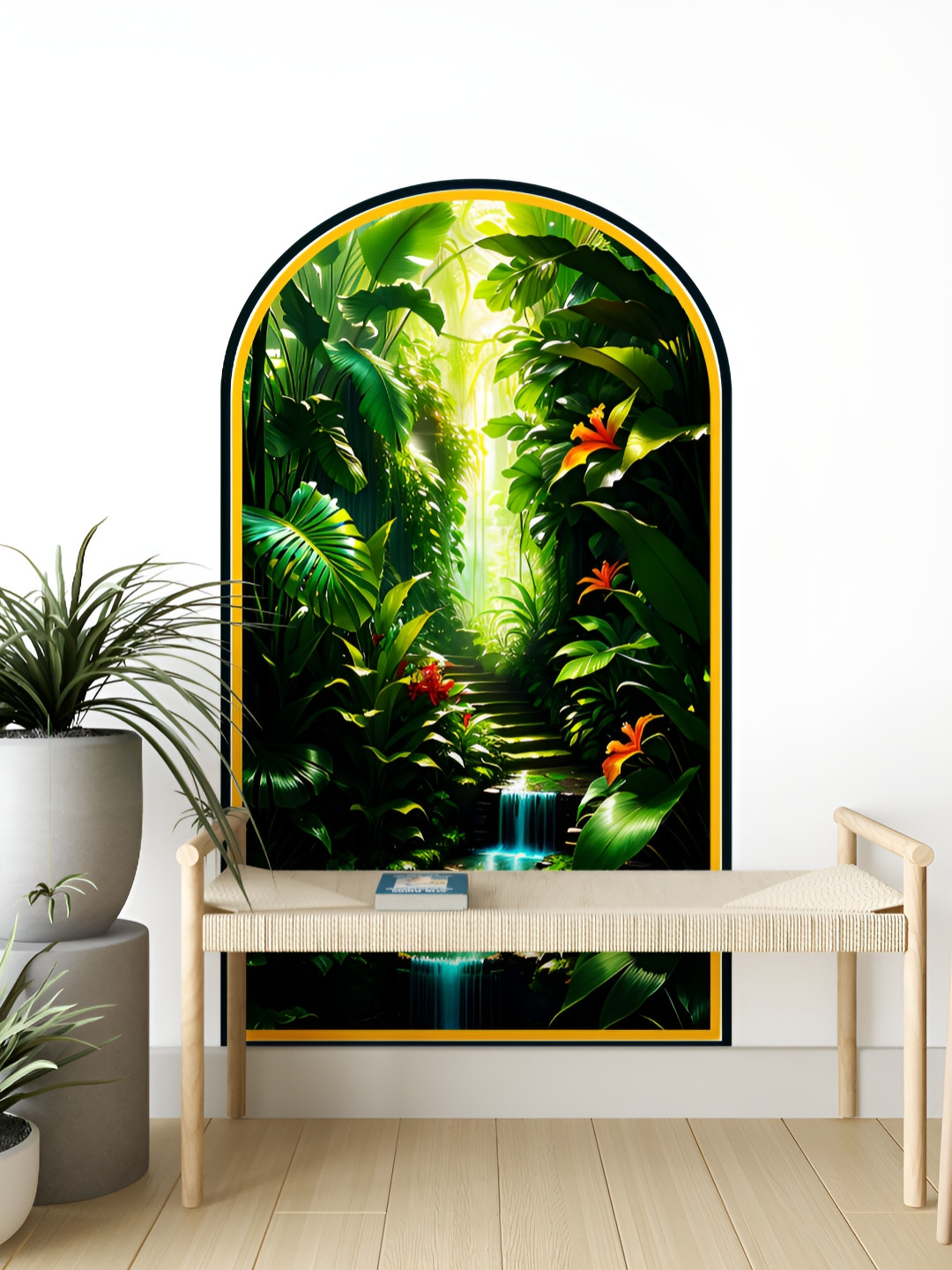 Myntra Elegant Homes Green & Red Printed Tropical Rainforest Waterfall Wall Sticker