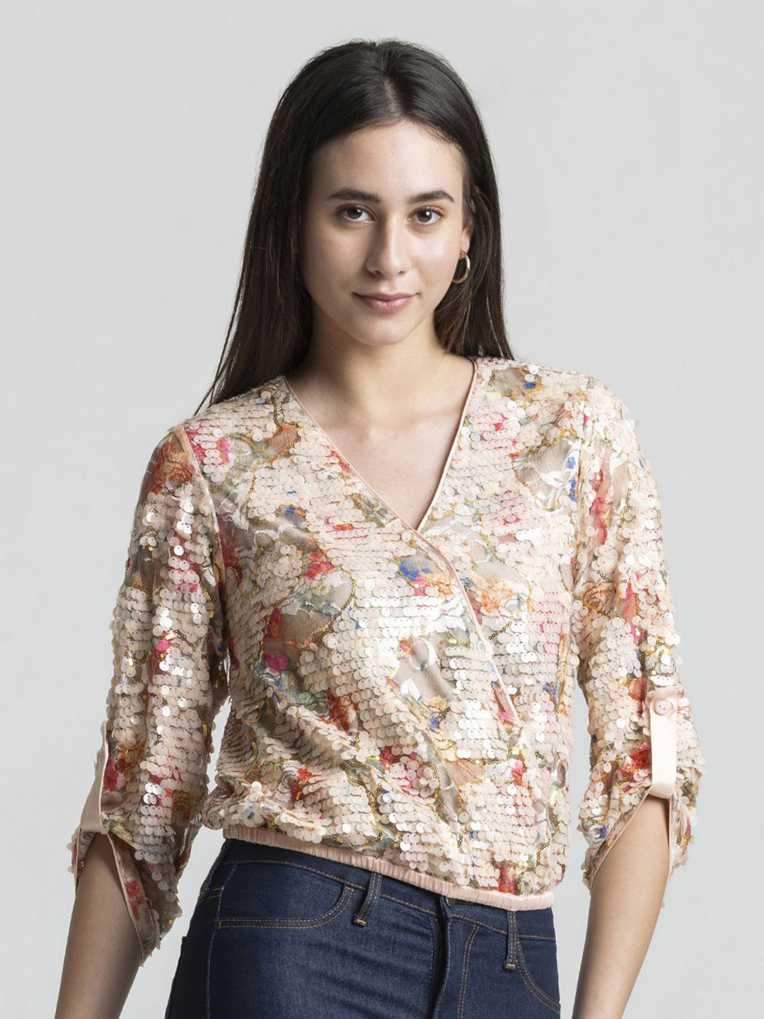 SHAYE Floral Embellished V-Neck Sequin Three-Quarter Sleeves Party Tops For Women