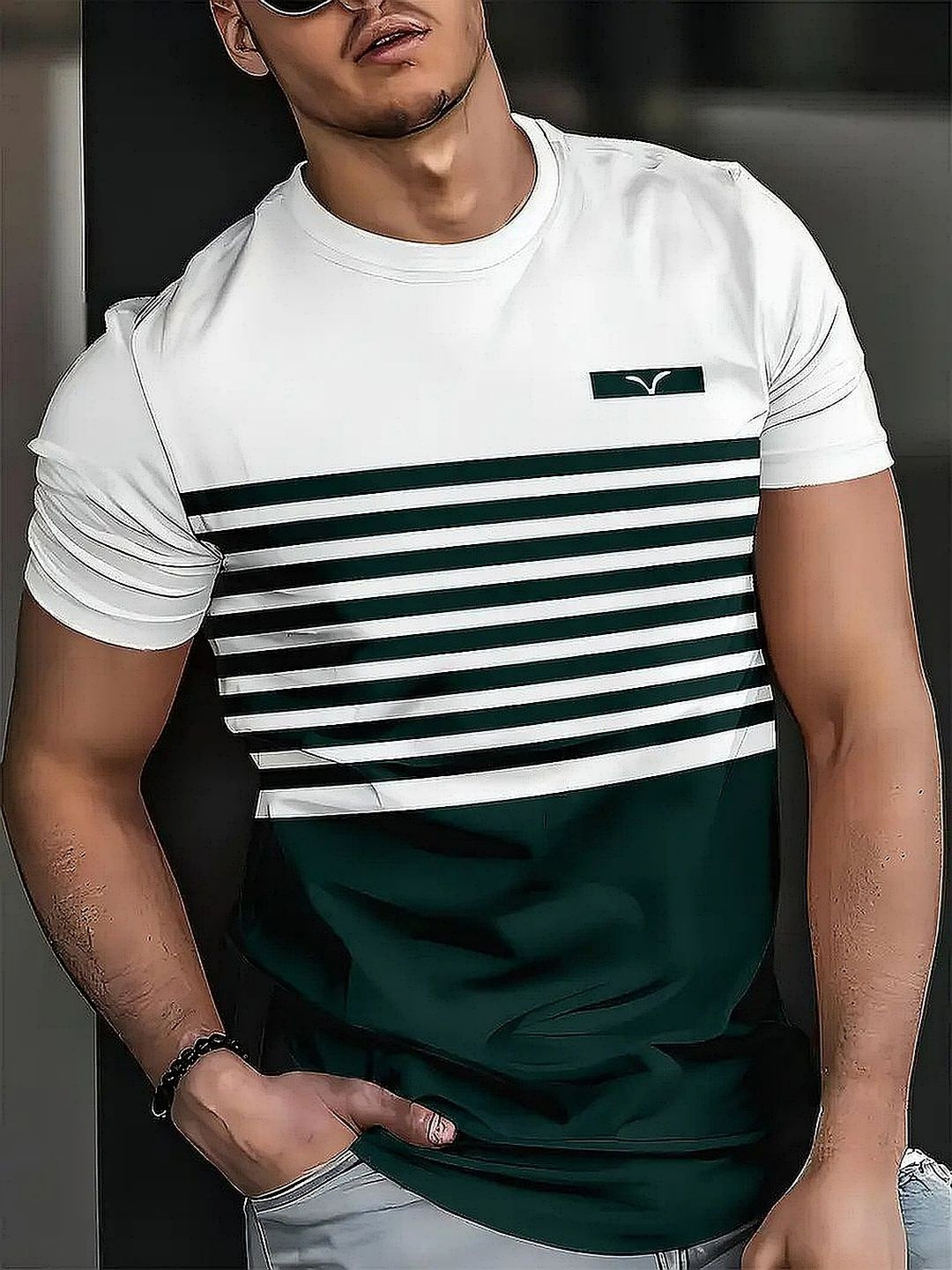 LAUREN ADAMS Striped Round Neck Pure Cotton T-shirt