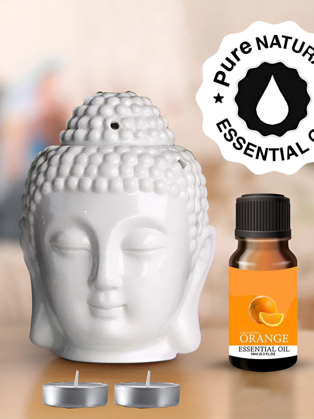 PEEPALCOMM Orange Essential Oil With 2 T-Light Candle & Buddha