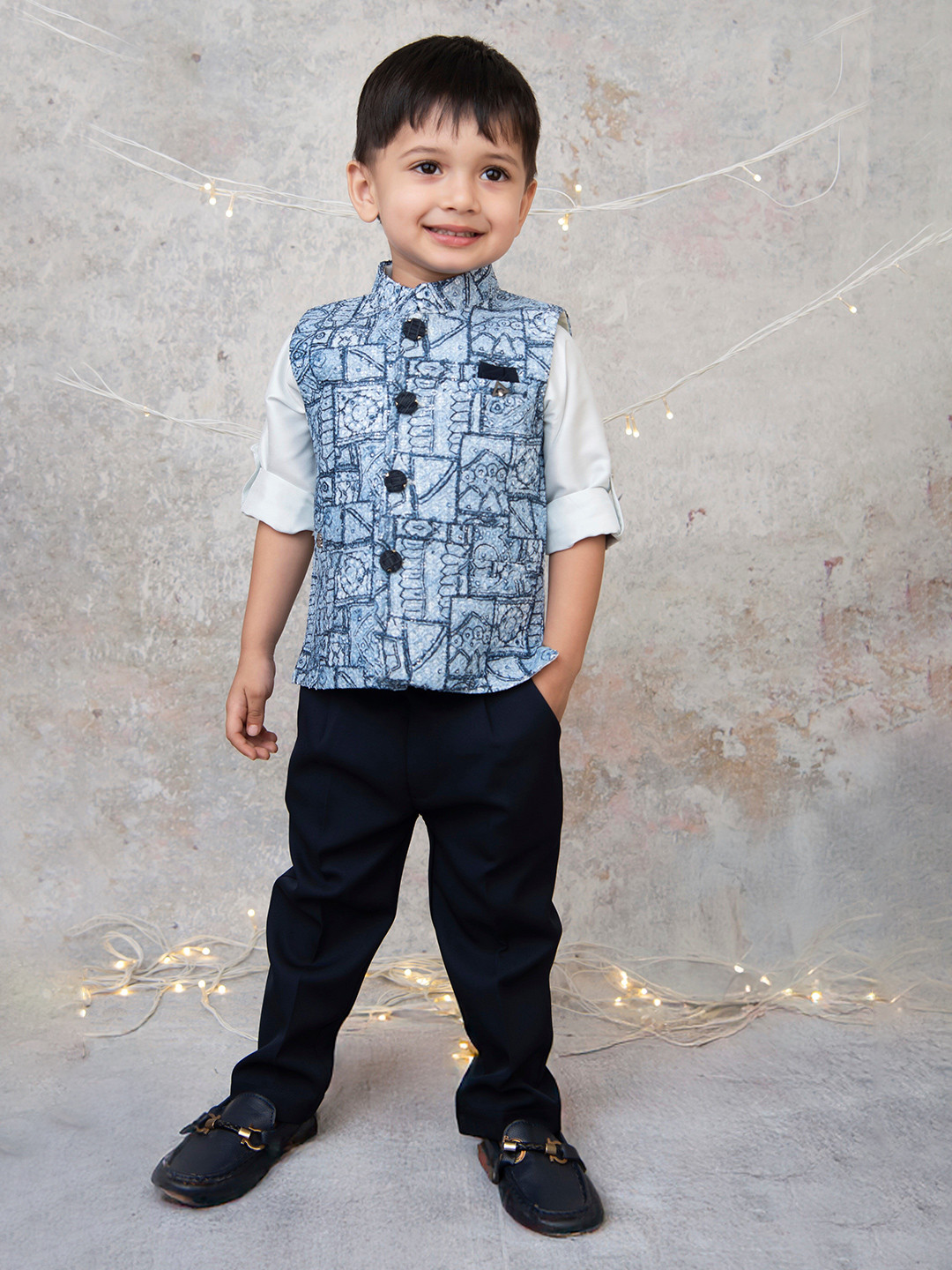 LITTLE COLLARS Boys Self Design Shirt With Trouser and Sleeveless Printed Nehru Jacket
