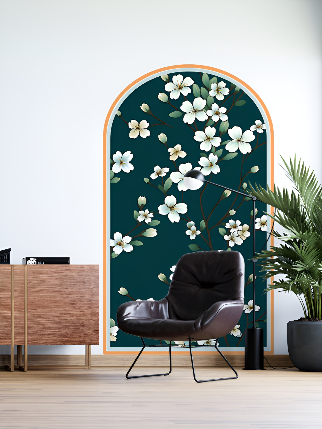 Myntra Elegant Homes Green & White Printed Arched Design With Floral Wall Sticker