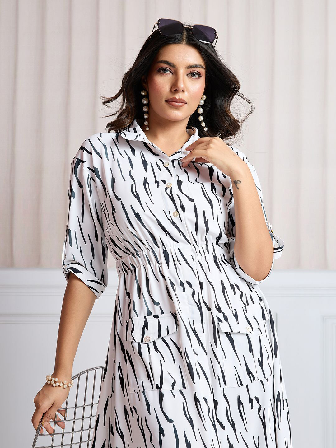 TATER GARMENTS Women Shirt Collar Abstract Printed Fit and Flare Dress