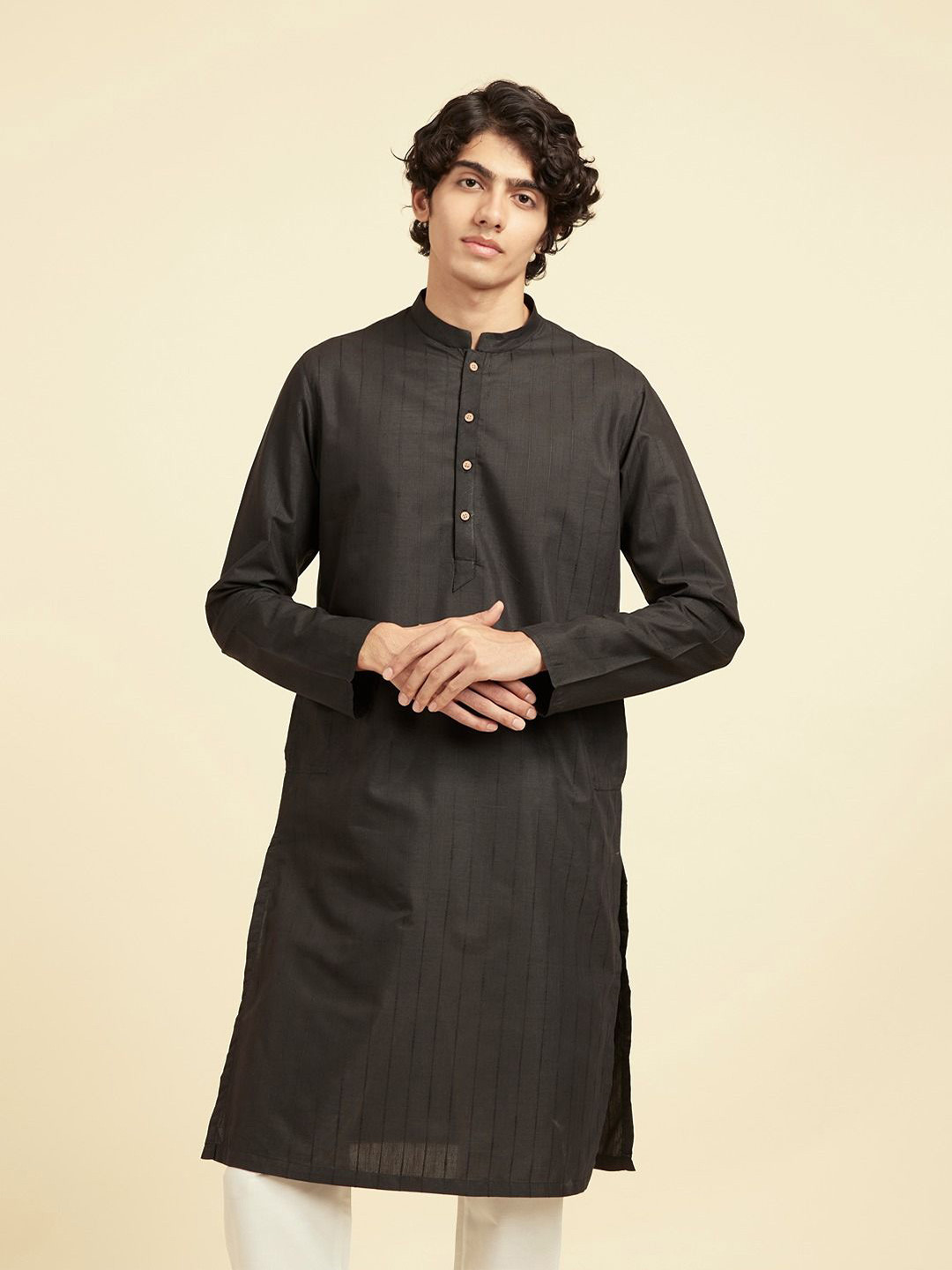 Diwas by Manyavar Men Striped Long Sleeves Regular Straight Knee Length Kurta