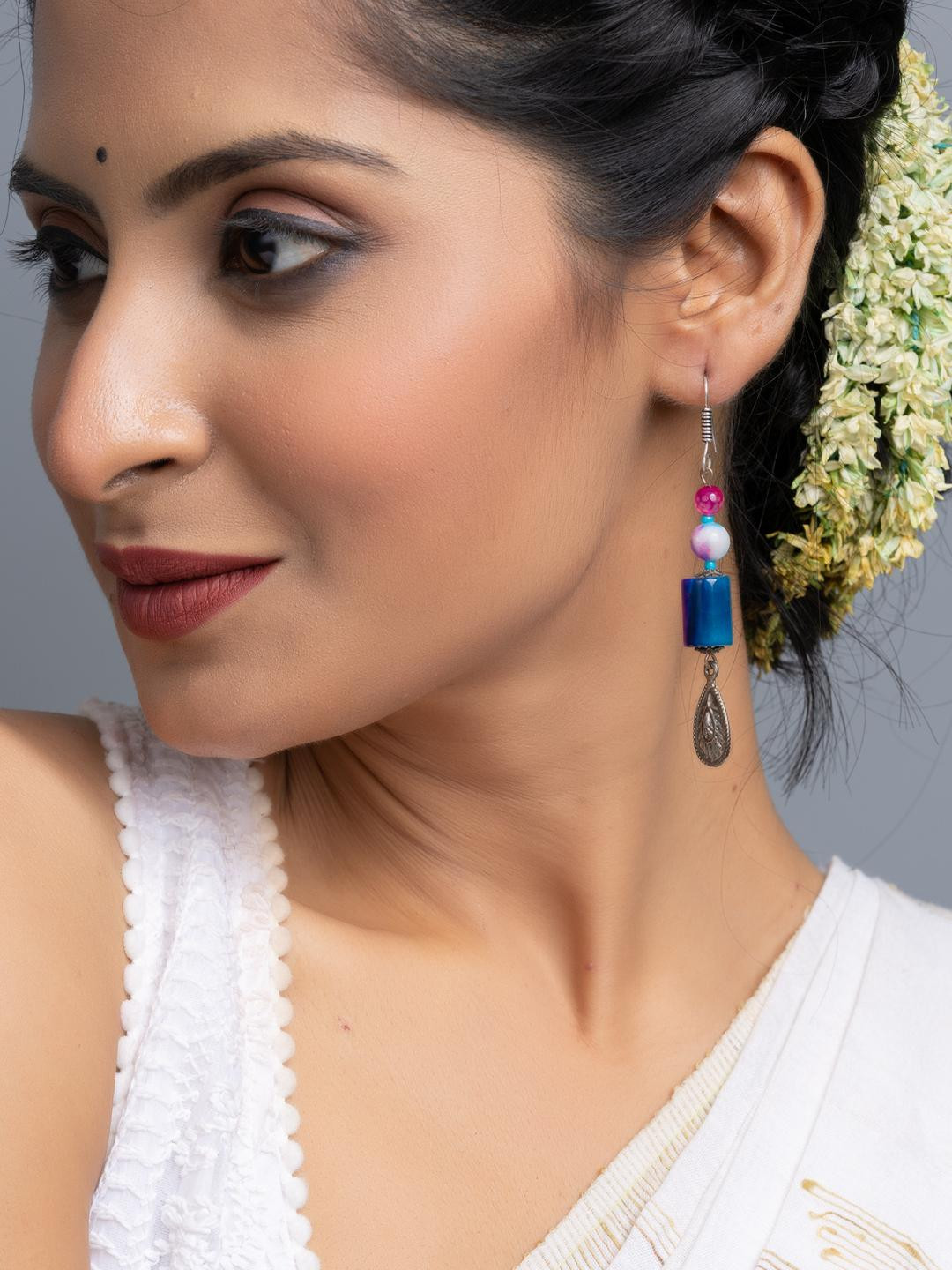 Look and Adorn Blue Pink Semi Precious Onyx Earrings