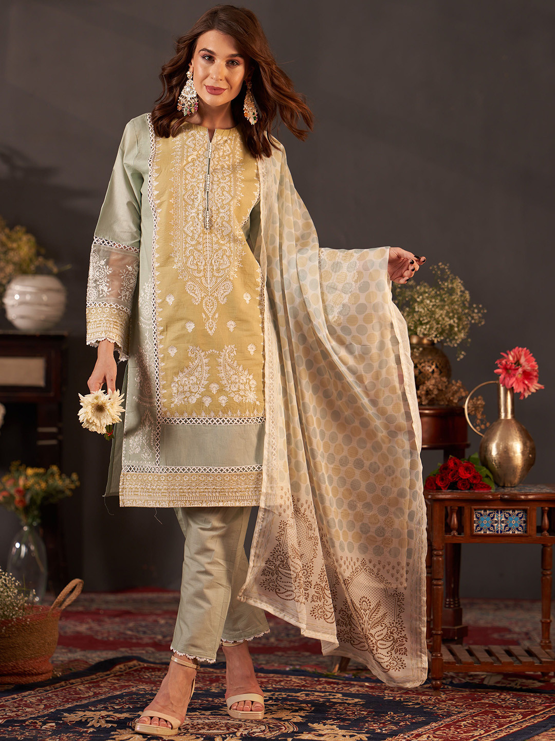OEQUAL Women Ethnic Motifs Embroidered Cotton Kurta with Trousers & Dupatta