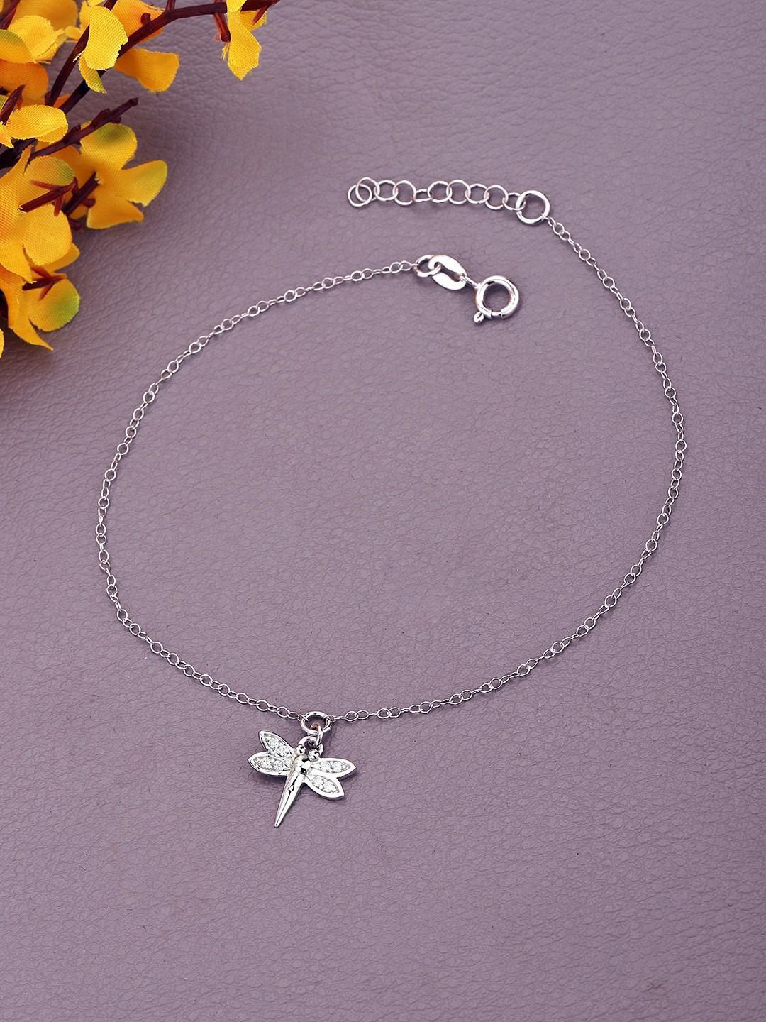 Carlton London 925 Sterling Silver Rhodium Plated Dragonfly Charm Anklet