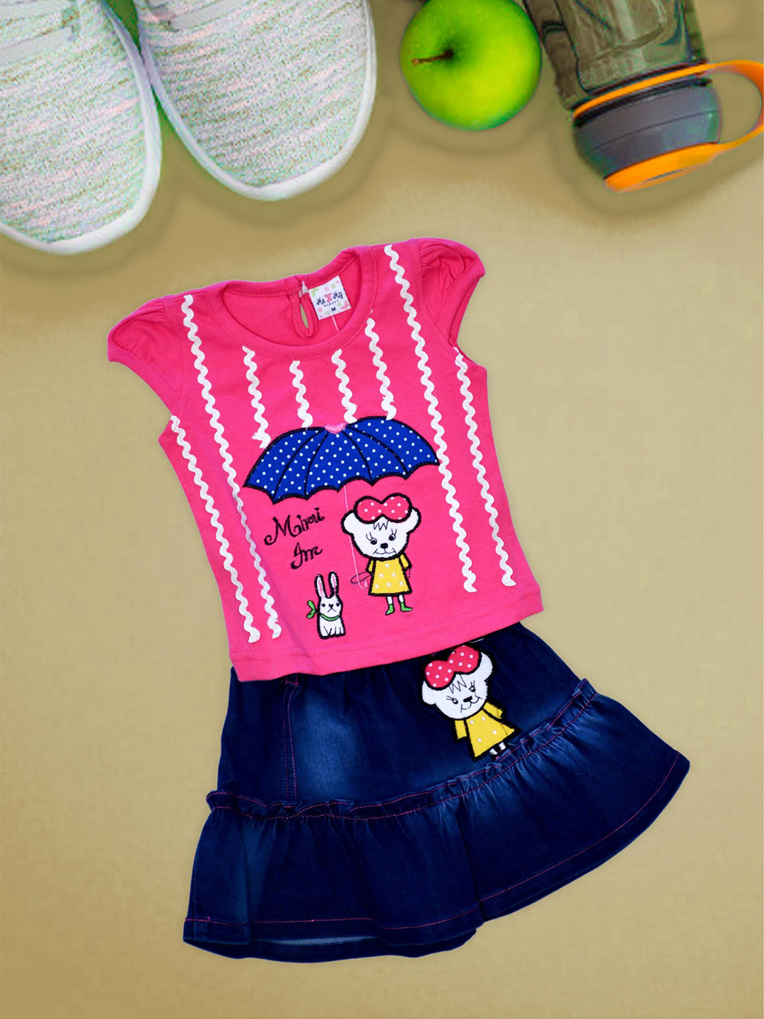 ME N MY Girls Graphic Print Round Neck Top And Skirt Set