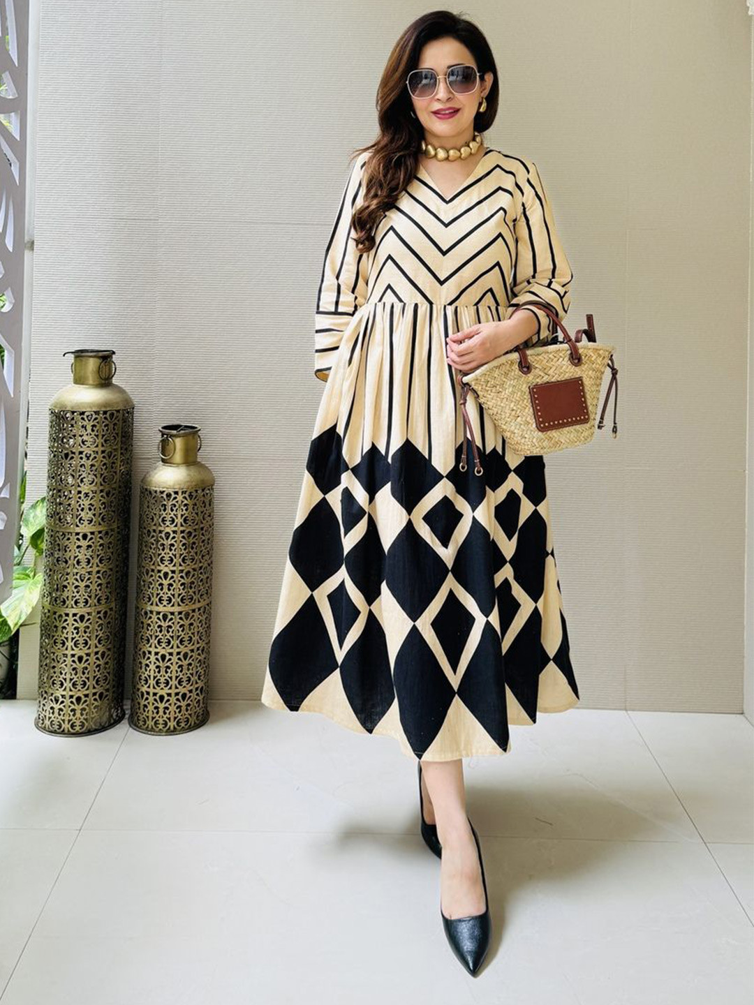 FFI Women Geometric Grace Designer Cotton Midi Dress