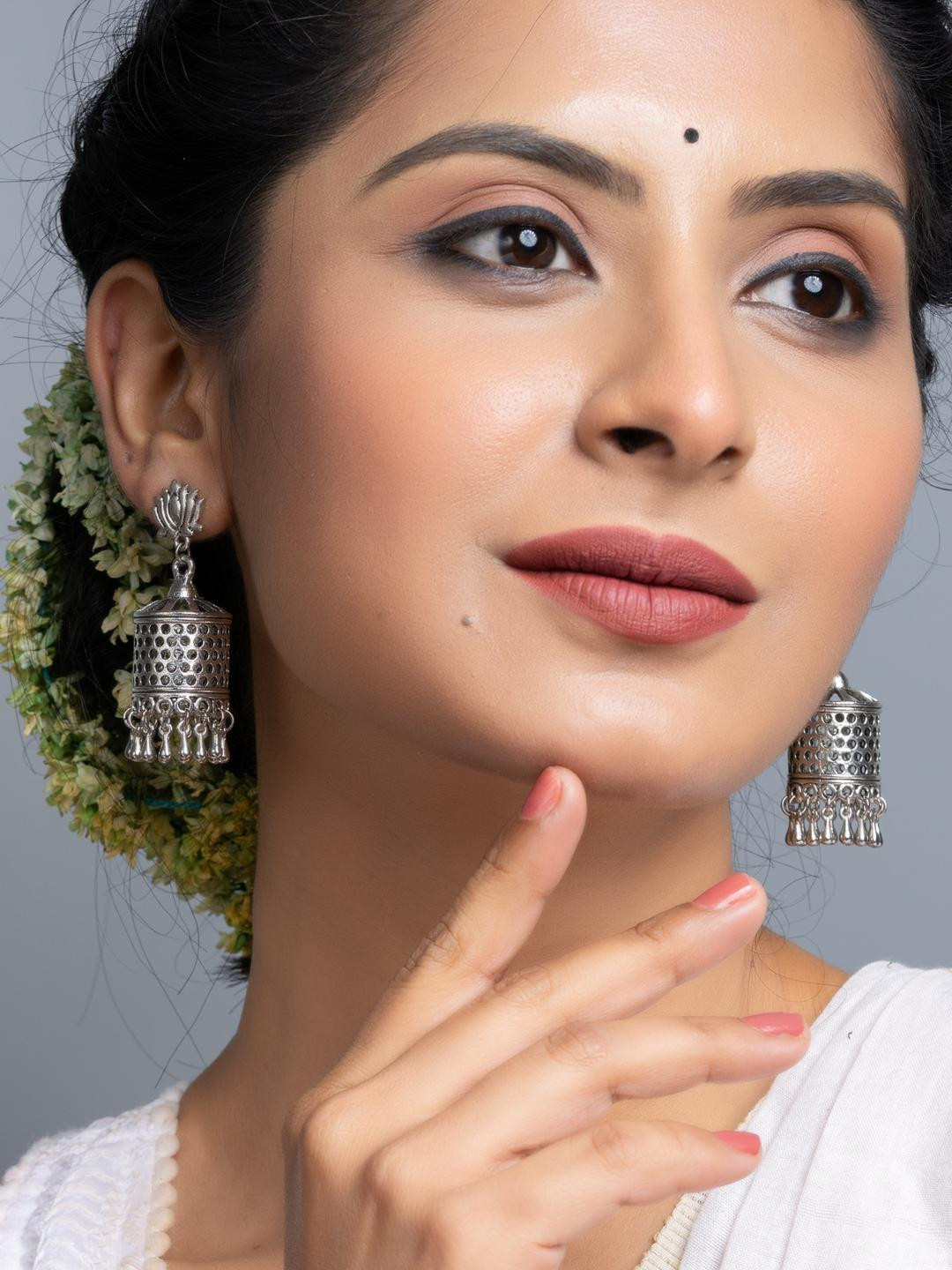 Look and Adorn Lotus Stud German Silver Jhumka Earrings