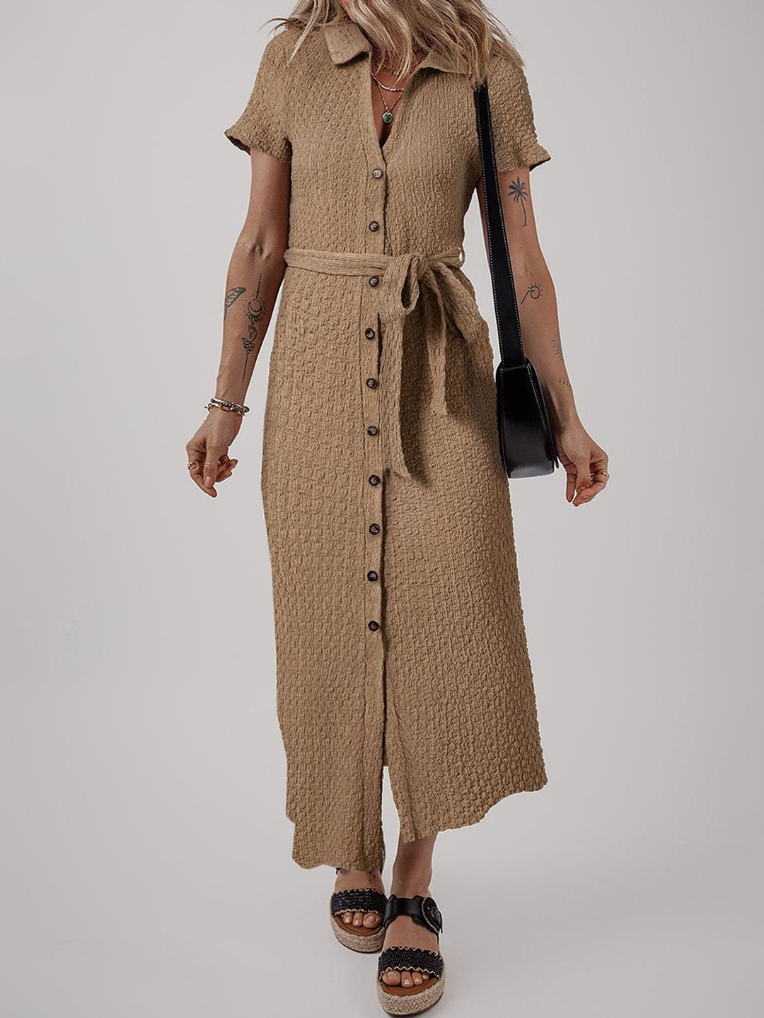 Errabelly Women Buckskin Short Sleeve Textured Button Up Tie Waist Long Dress