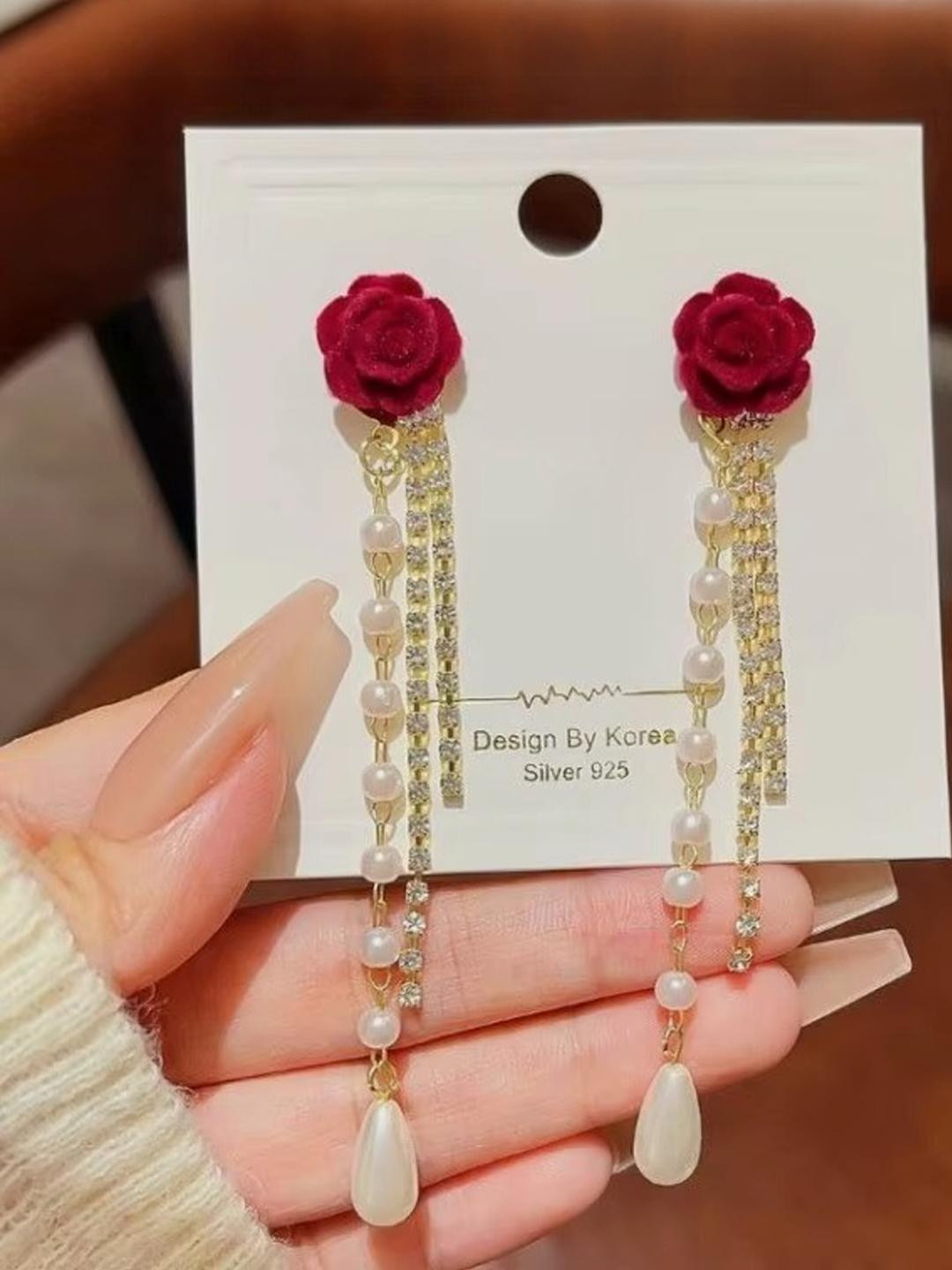 Tiso Contemporary Tiso Elegant Maroon Rose Earrings with Pearl Drop Earrings