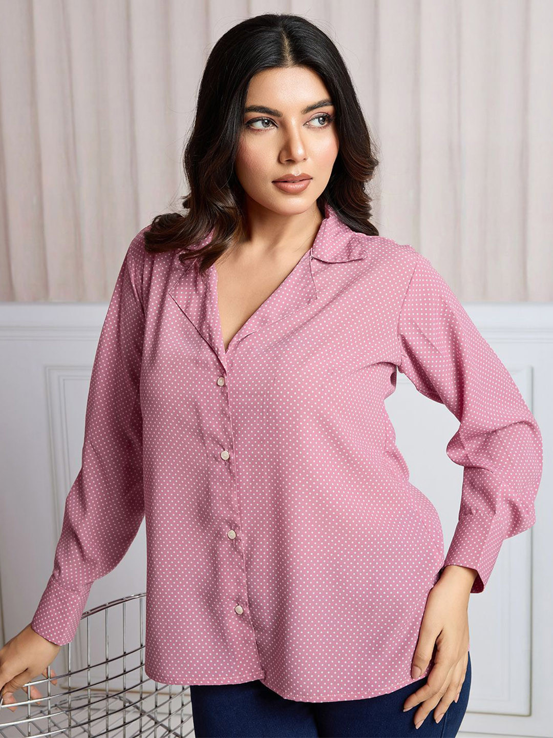 TATER GARMENTS Women Standard Fit Micro Ditsy Printed Cuban Collar Casual Shirt