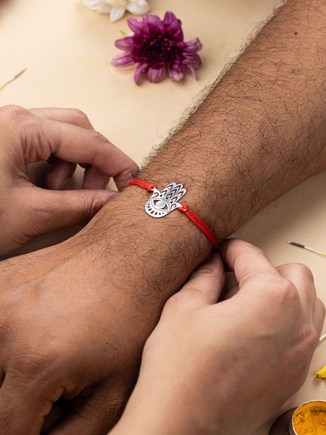 House of Aadyaa 92.5 Sterling Silver Laser Cut Hamsa Hand Thread Rakhi