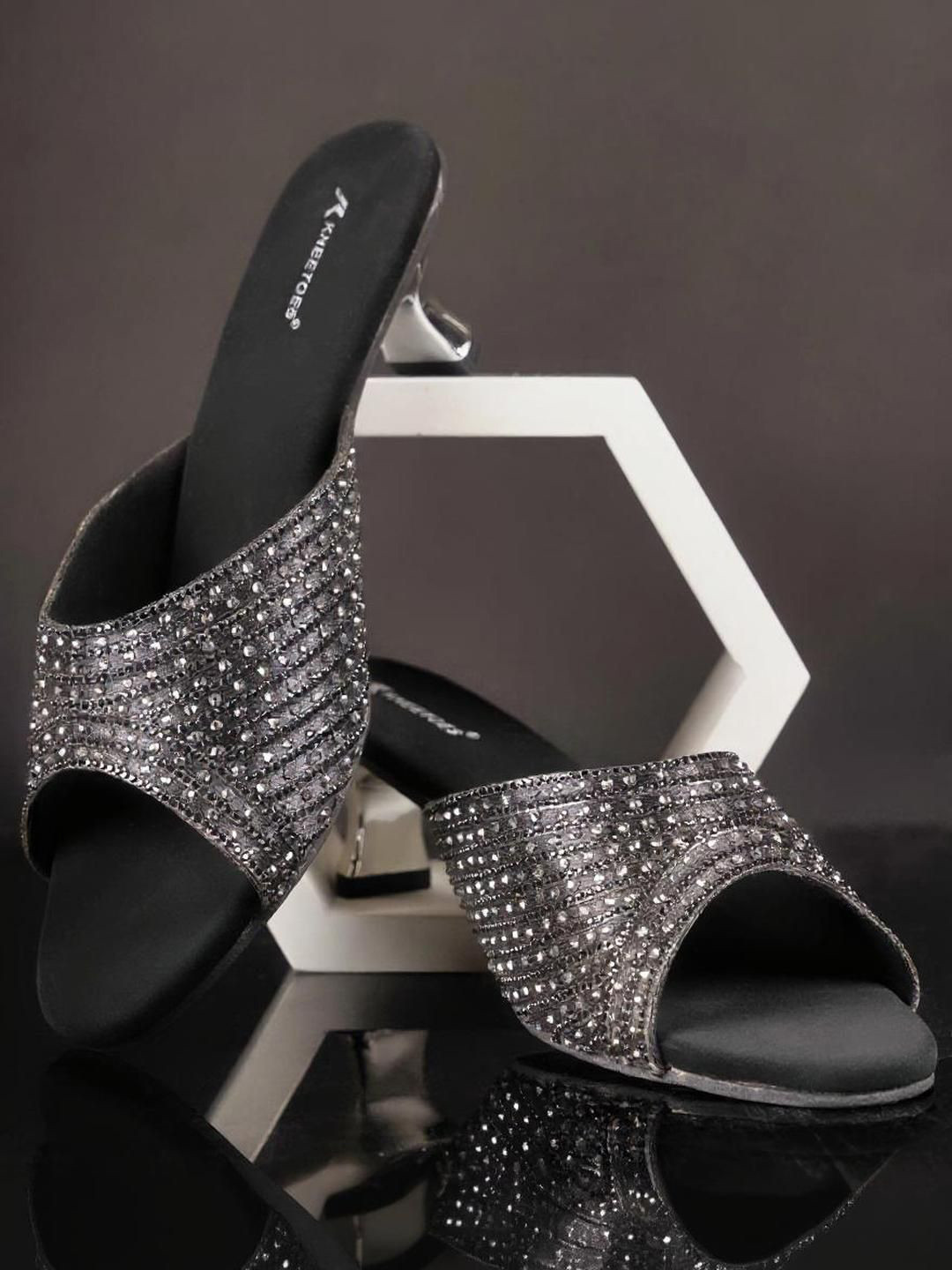 Kneetoes Women Sparkle Studs Black Kitten Heel Sandals
