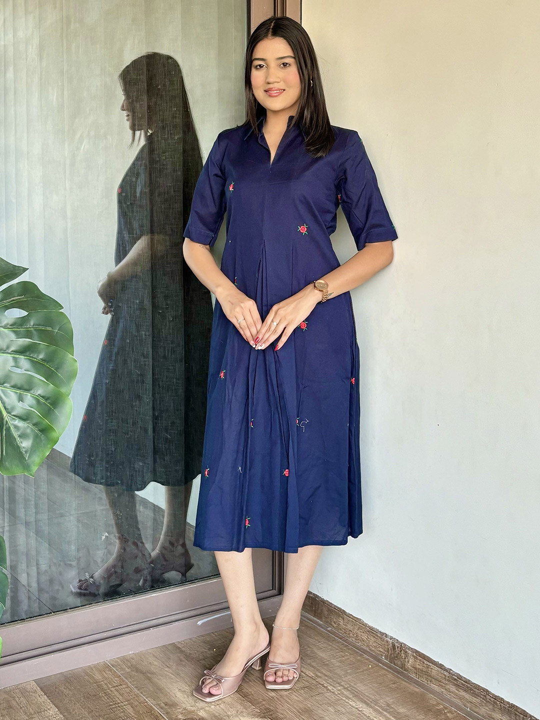 FFI Midnight Bloom Women Cotton Navy Blue Embroidered Trendy Dress