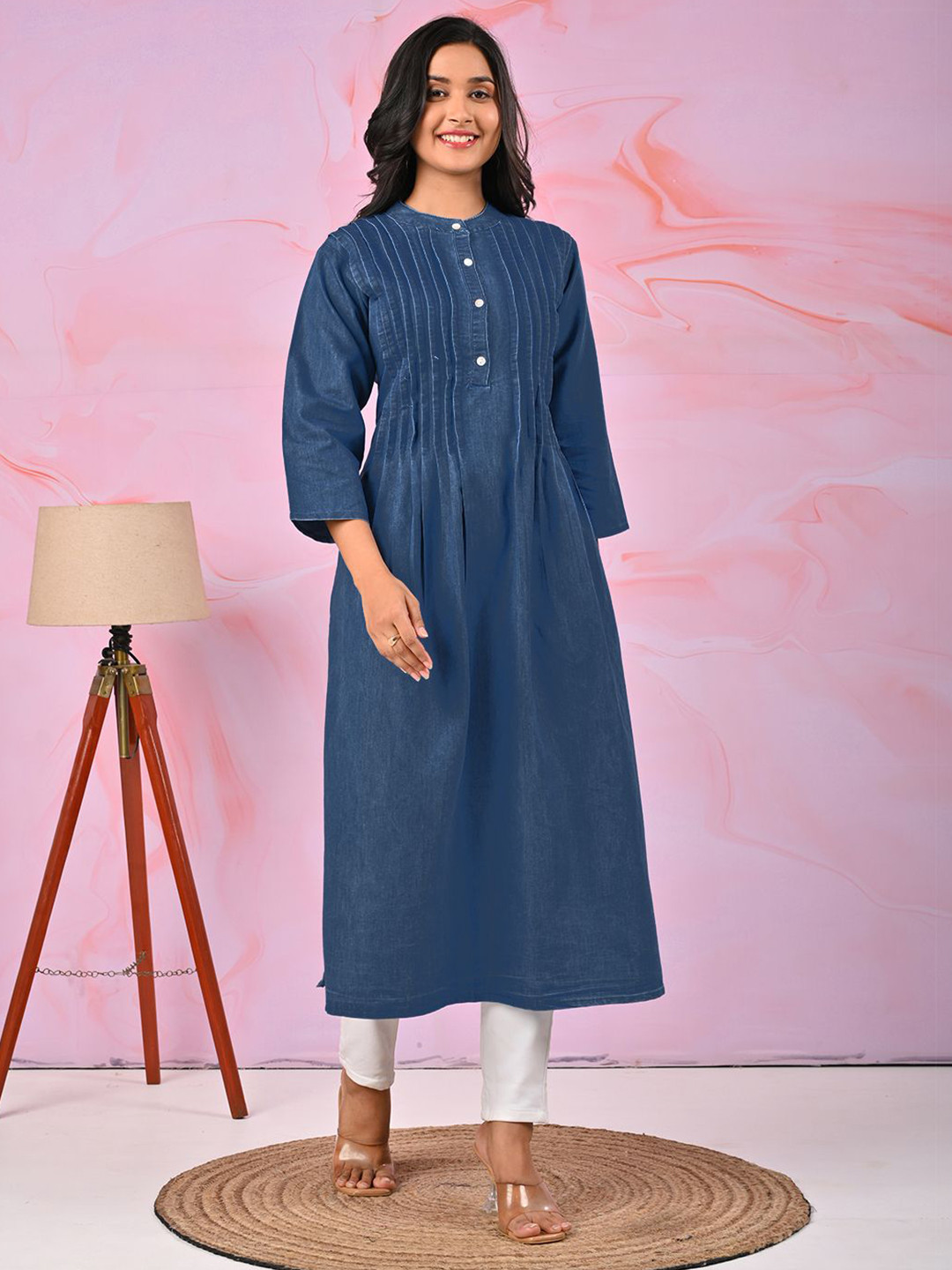 Jevi Prints Band Collar Pintuck Details Denim A-Line Kurta