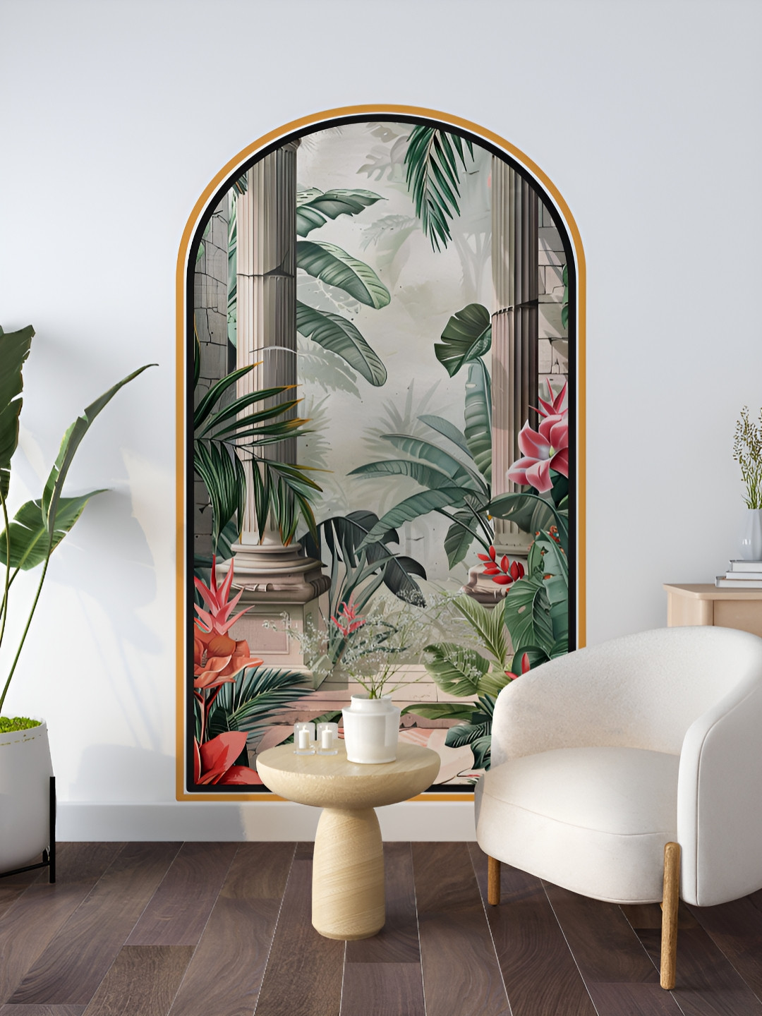 Myntra Elegant Homes Green & Beige Printed Arch Design With Palm Leaves Wall Sticker