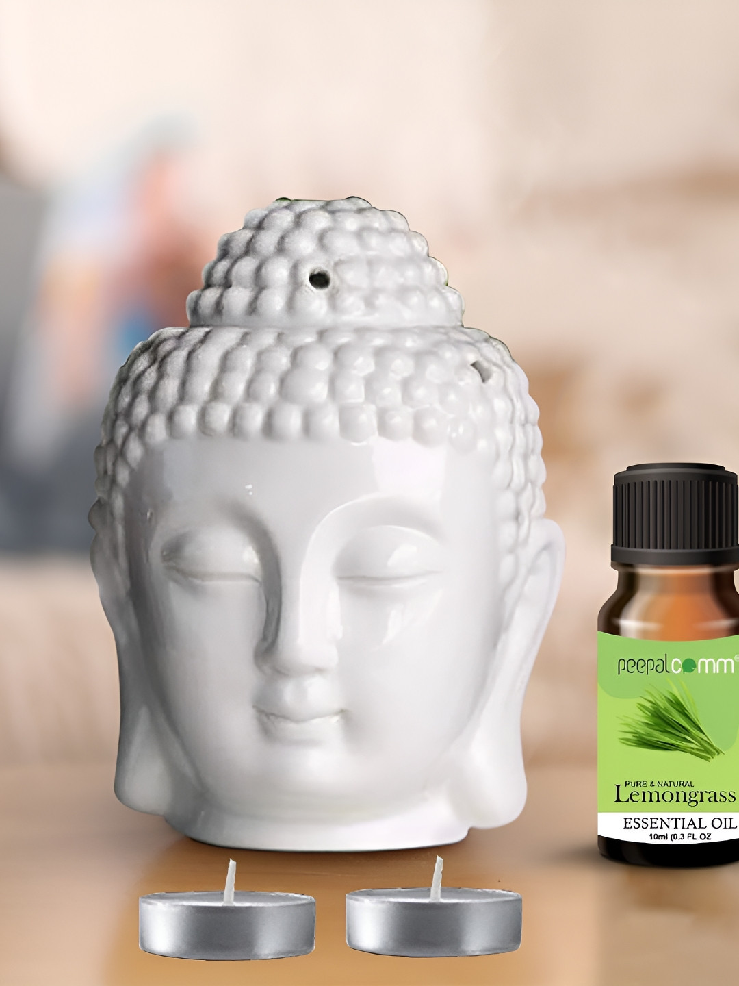 PEEPALCOMM 4Pcs White Ceramic Buddha-Aroma Diffuser With Essential Oils  & T-Light Candles