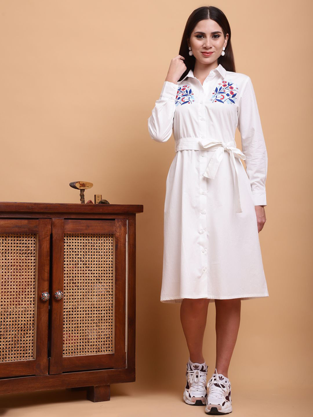 JAKANARY Women Cotton Embroidered Cuffed Sleeves Shirt Dress Comes with a belt