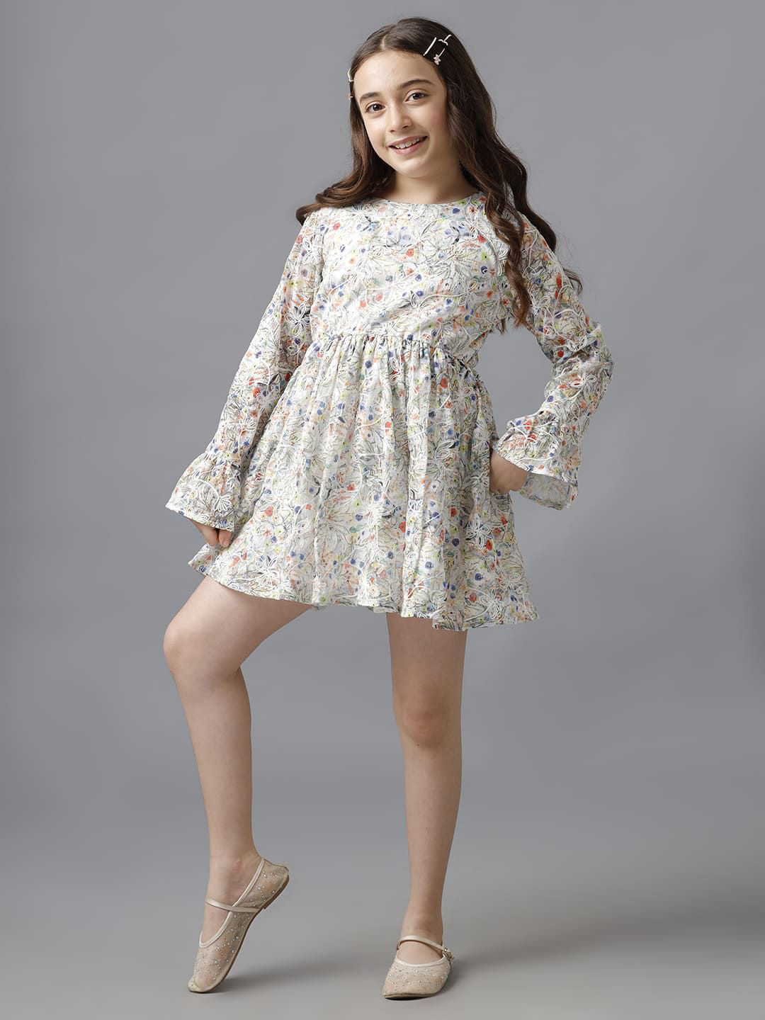 UNDER FOURTEEN ONLY Girls Floral Print Bell Sleeve Embroidered Cotton Fit and Flare Dress