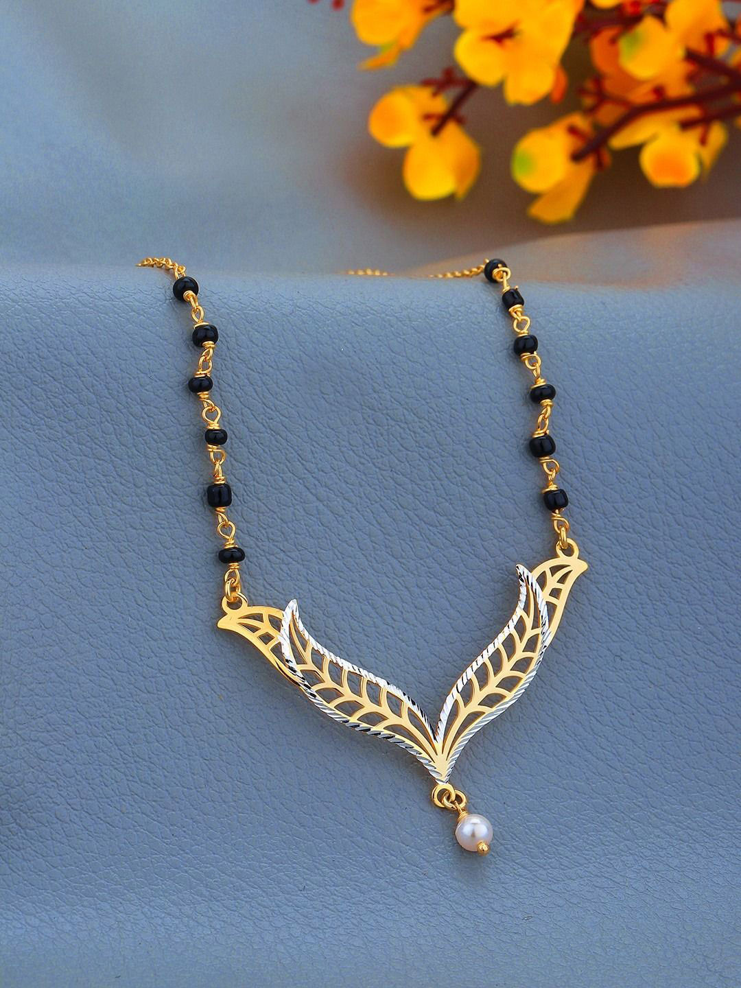 Carlton London 925 Sterling Silver 18kt Gold Plated with Natural Onyx & Pearl Mangalsutra
