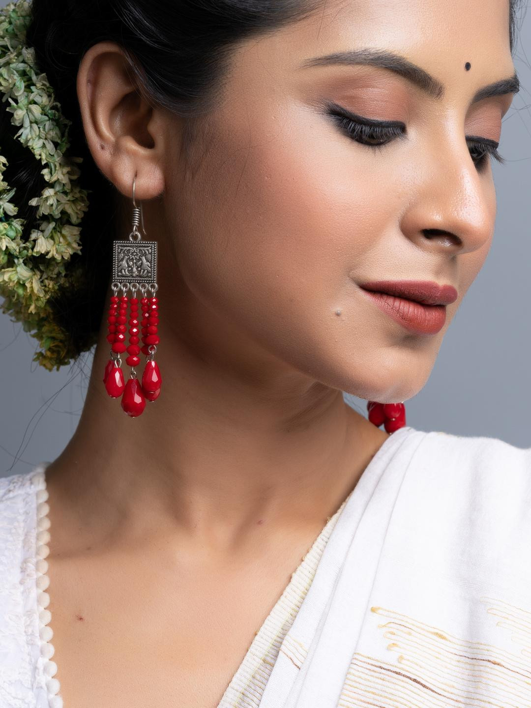 Look and Adorn Red Drop Crystal Earrings