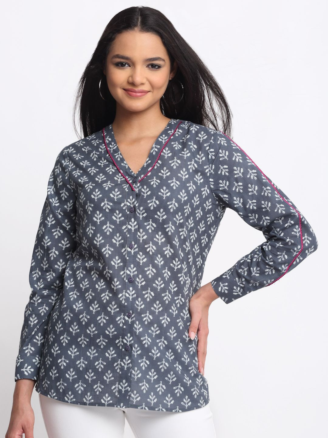 SHAYE Relaxed Floral Printed V-Neck Relaxed Fit Pure Cotton Casual Shirt