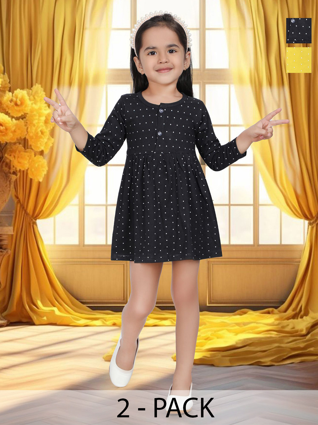 KIDEEZGUILD Pack Of 2 Girls Polka Dot Printed Fit & Flare Dress