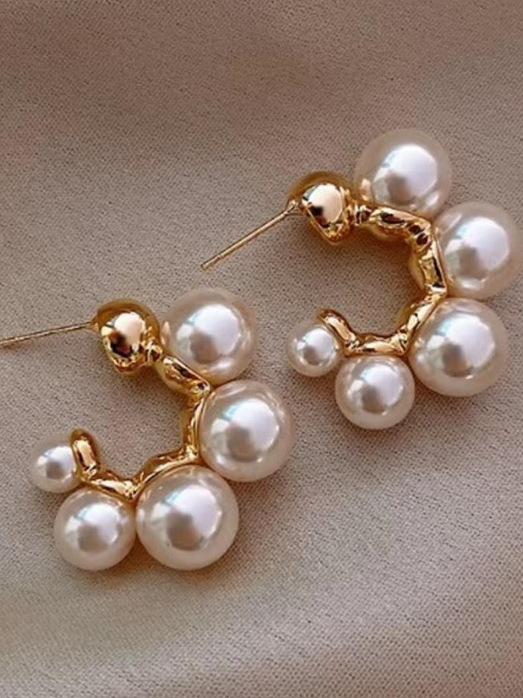 Tiso Elegant Gold Plated Pearls Earrings | Trendy Statement Hoop Style