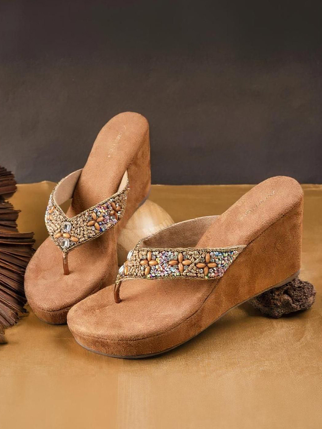 Kneetoes Women Sparkly Brown Beaded Wedge Sandals