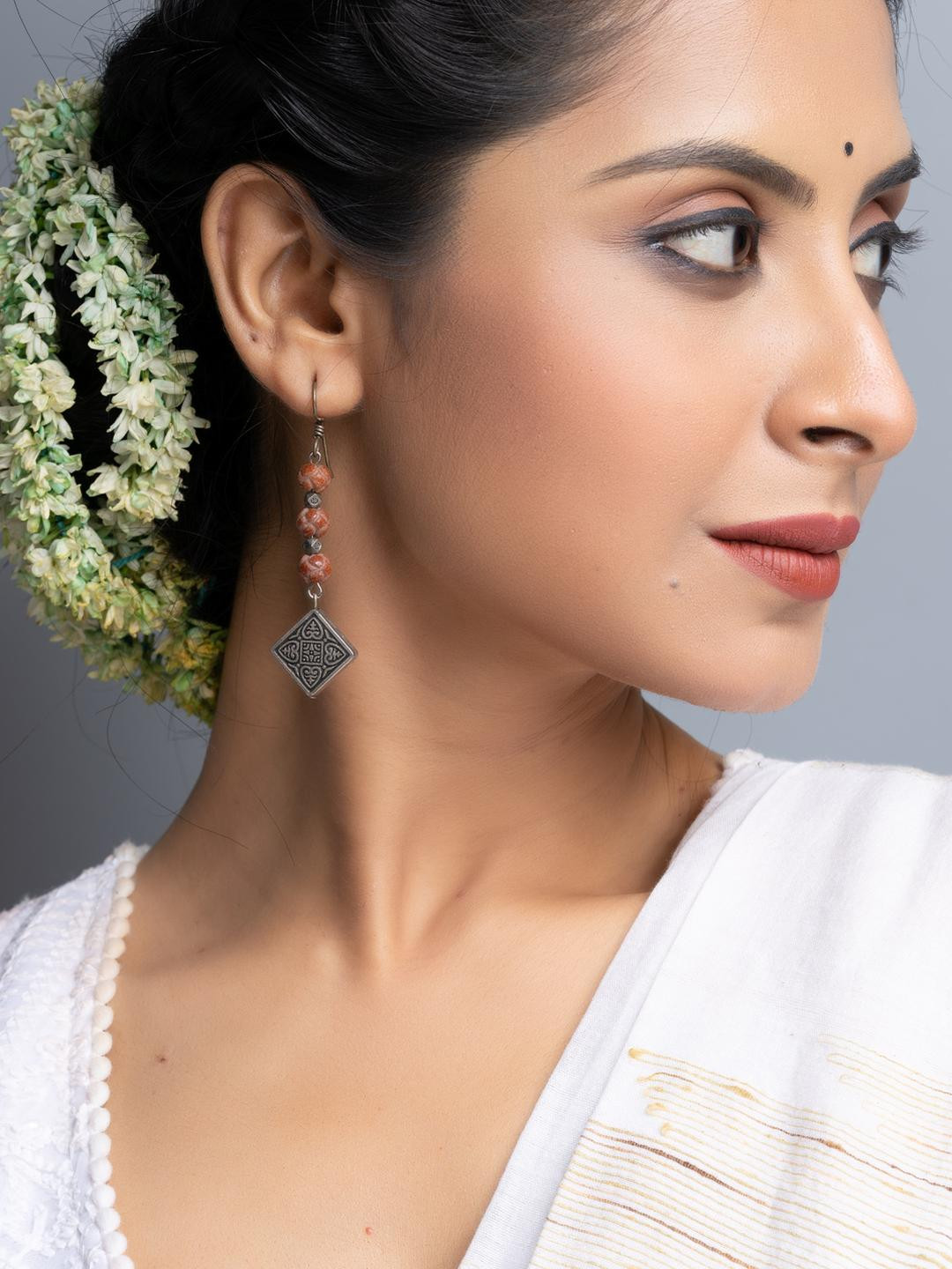 Look and Adorn Semi Precious Floral Sandstone Earrings