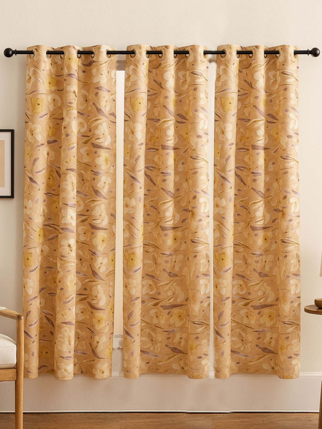 ANA 3 Pieces Mustard Floral Printed Room Darkening Cotton Door Curtains