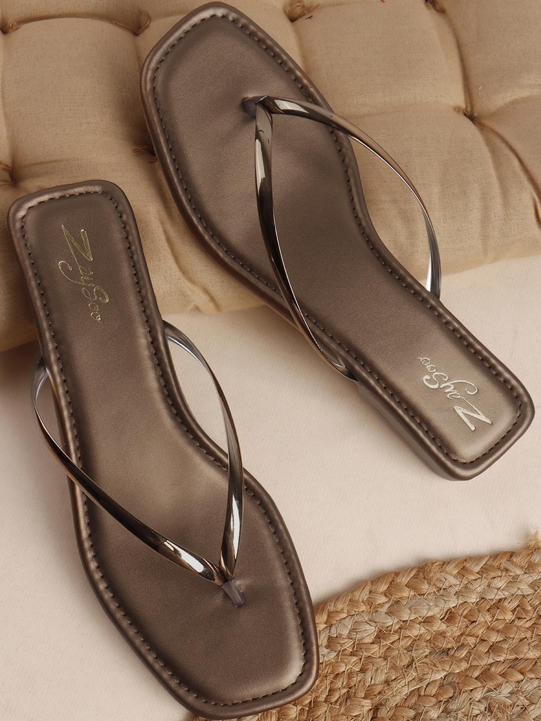 ZAYSOO Women Copper Ethnic T-Strap Slip On Flats