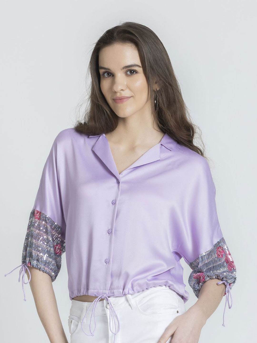 SHAYE Cuban Collar Sequin Satin Party Shirt