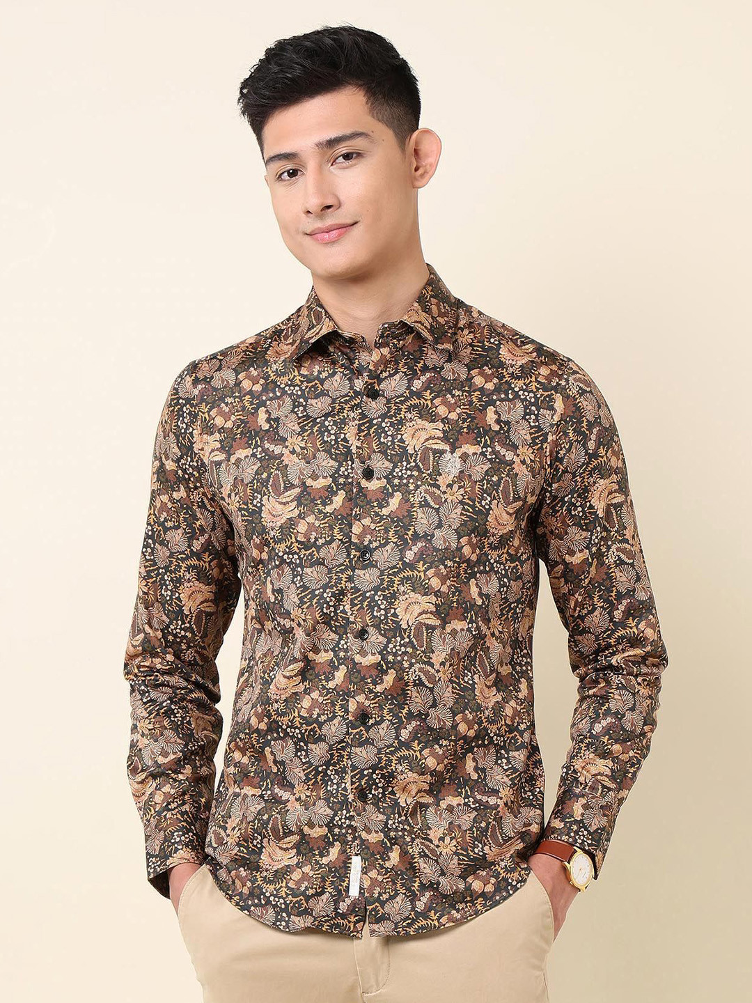 U.S. Polo Assn. Men Tailored Fit Floral Printed Satin Pure Cotton Casual Shirt