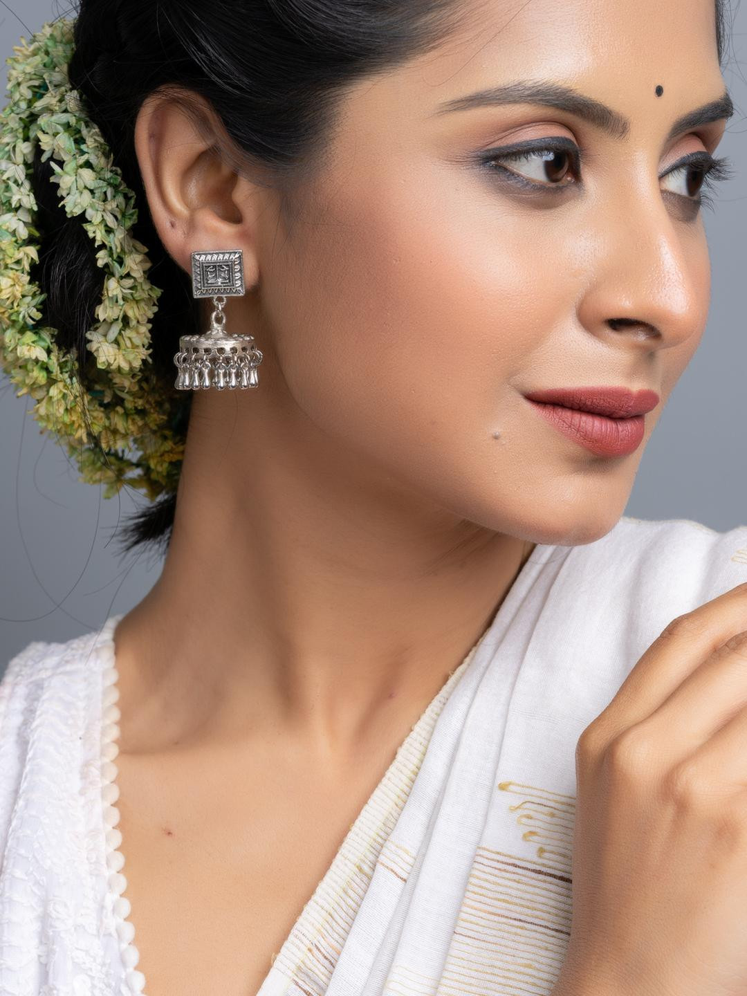 Look and Adorn German Silver Square Stud Jhumka Earrings