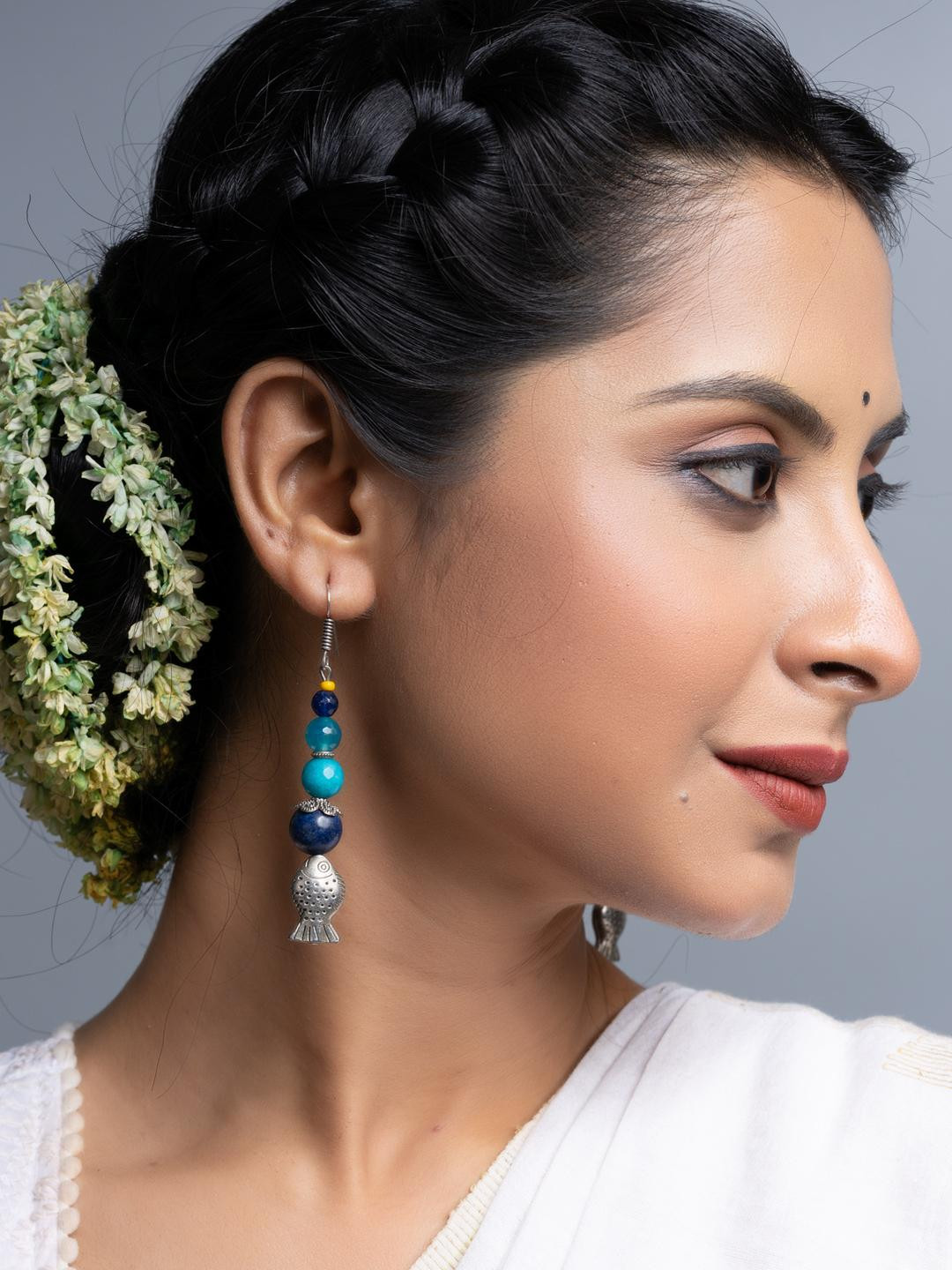 Look and Adorn Lapis Onyx German Silver Fish Earrings