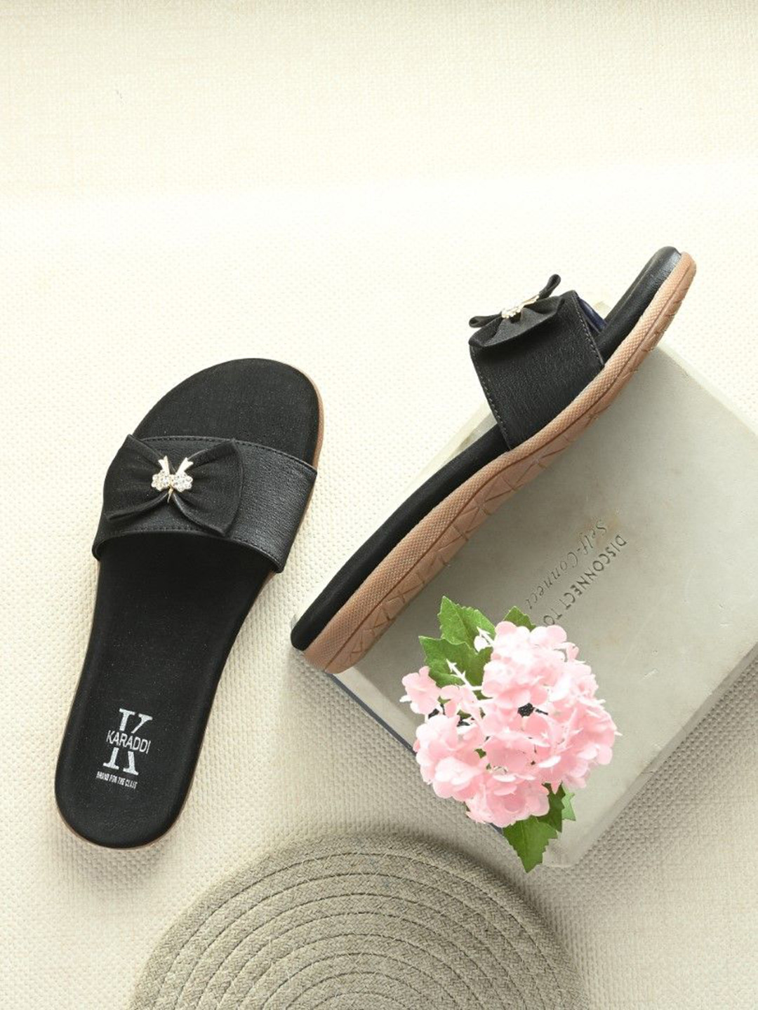 KARADDI Women Suded Grain Surface Ortho Open Toe Flats with Bow