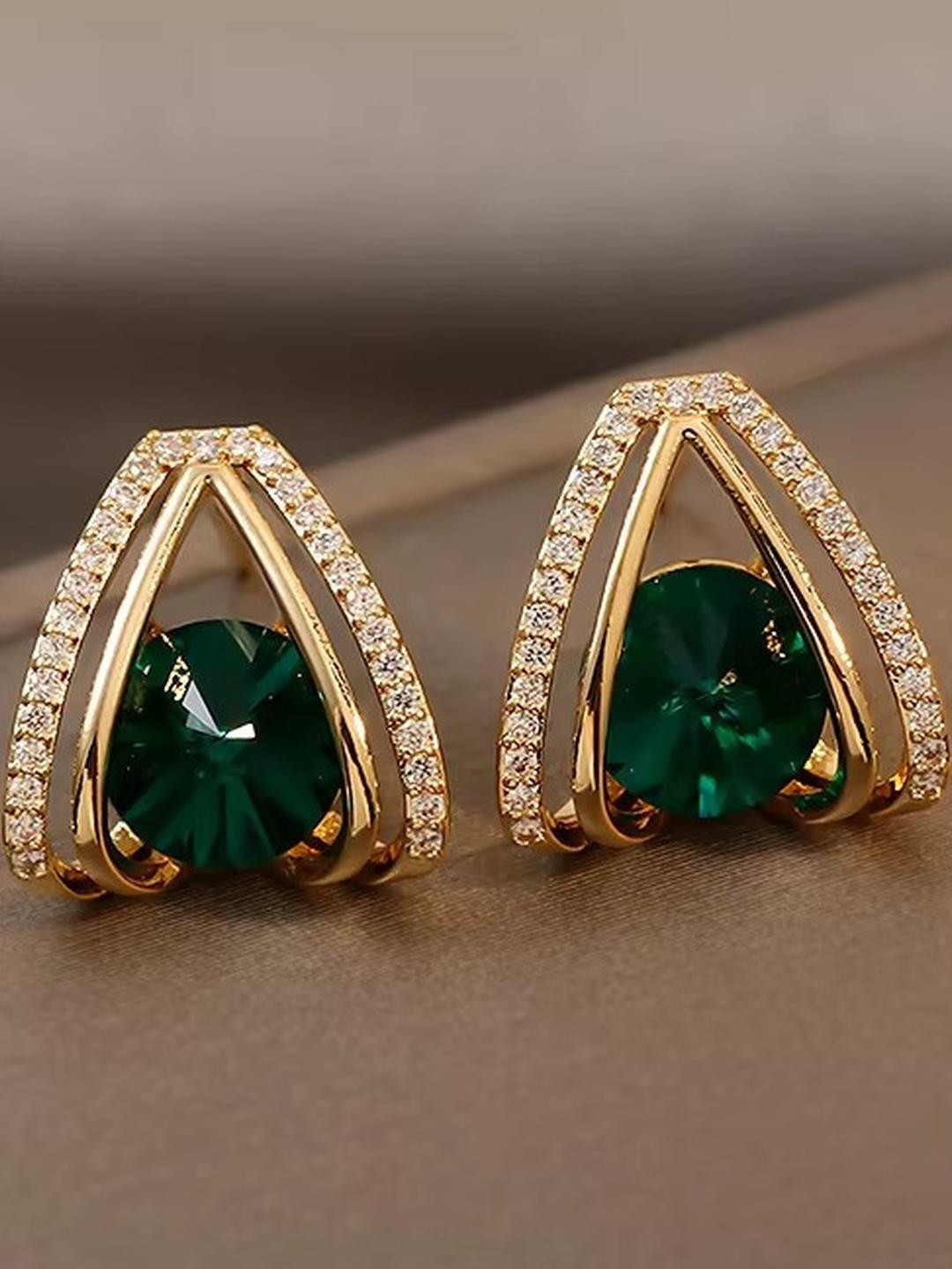 Tiso Emerald AD Studded Gem Stone Earrings | Party Wear Stud Earrings for Women