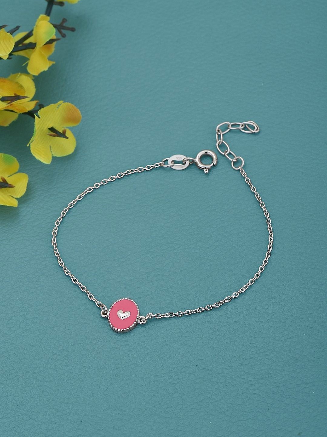 Carlton London 925 Sterling Silver Rhodium Plated Heart Enamel Charm Bracelet