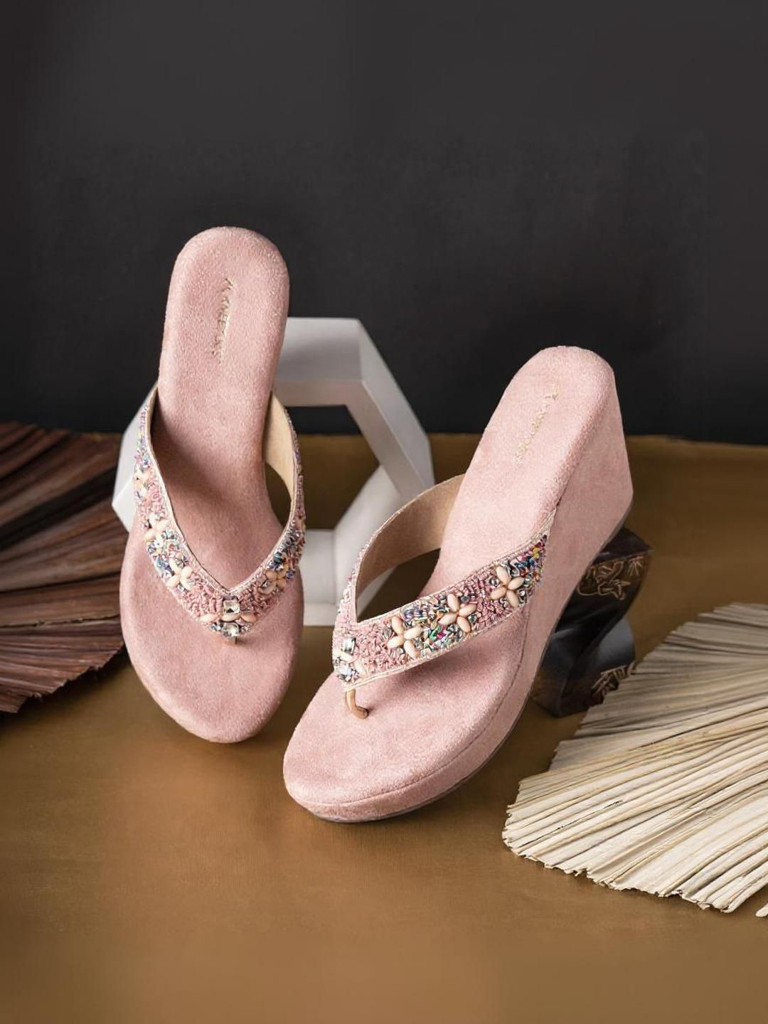 Kneetoes Women Light-Pink Stone-Work Beaded Wedge Sandals