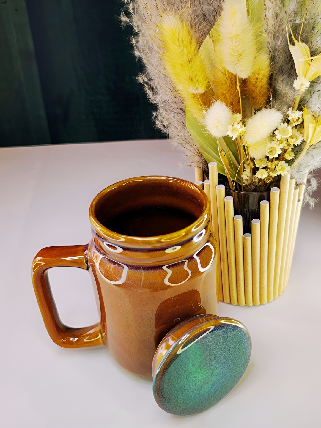 TheYUGO Brown & Green Printed Ceramic Glossy Mugs Set
