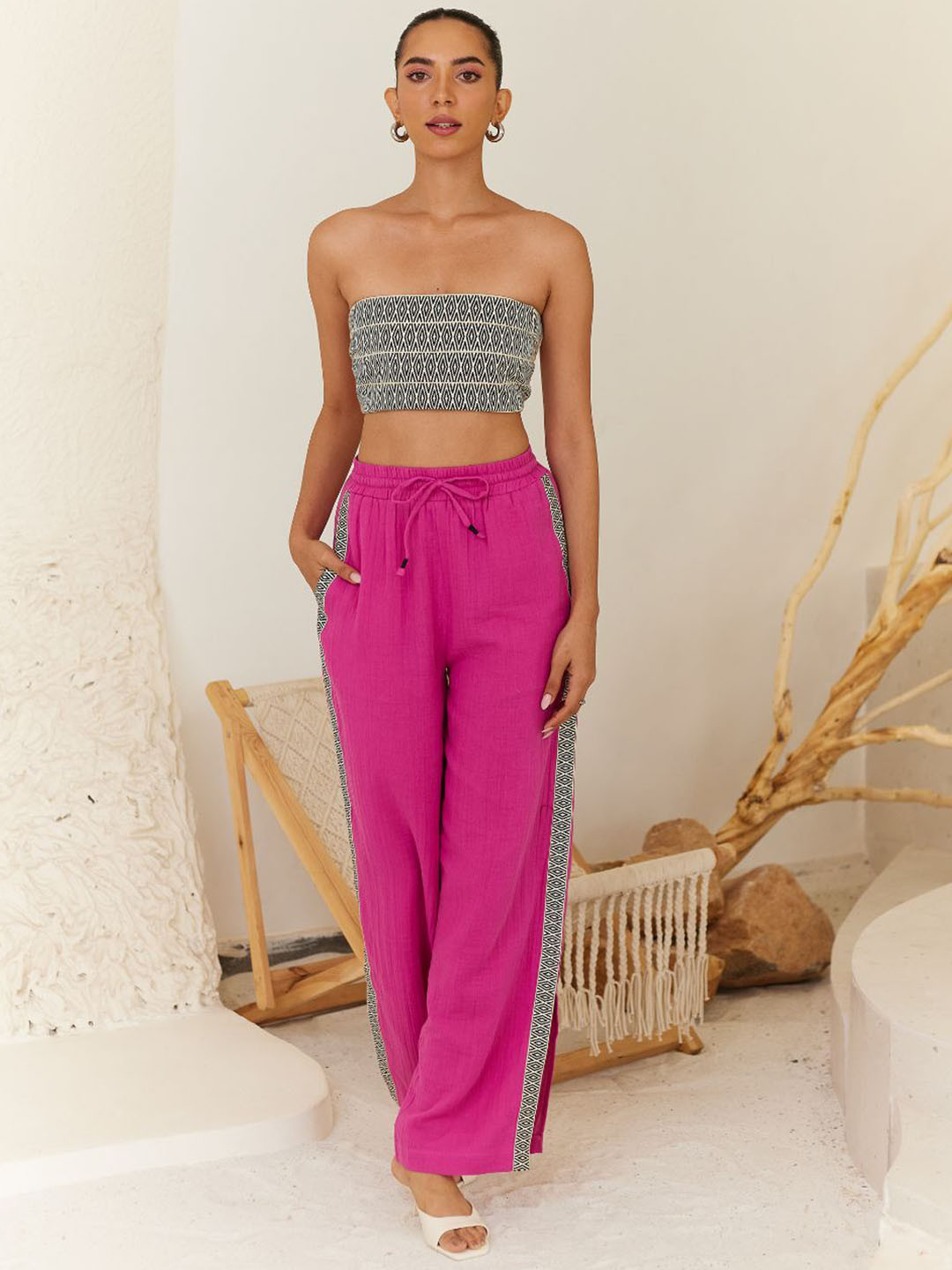 Urban Suburban Women Pink Relaxed High-Rise Pants With Tape Detail